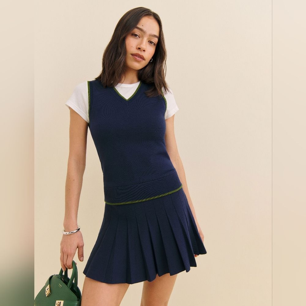 Reformation Navy and Green Mini Dress